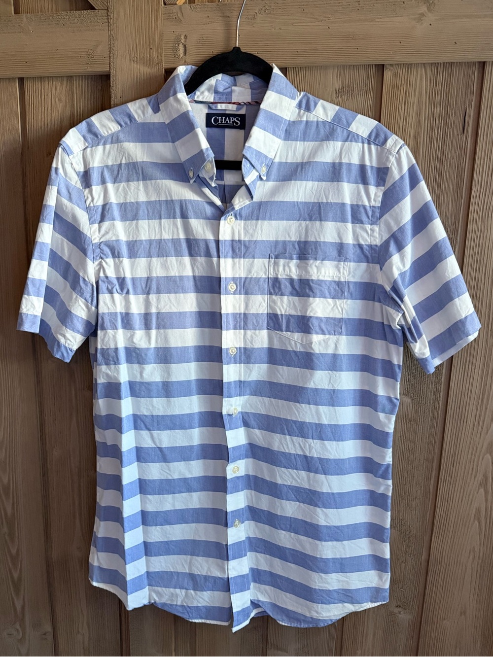 Chaps Blue and White Striped Short-Sleeve Button-Down Shirt